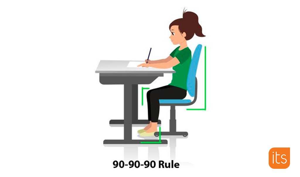 Die Illustration zeigt ein Kind, das in guter Haltung am Schreibtisch sitzt.
